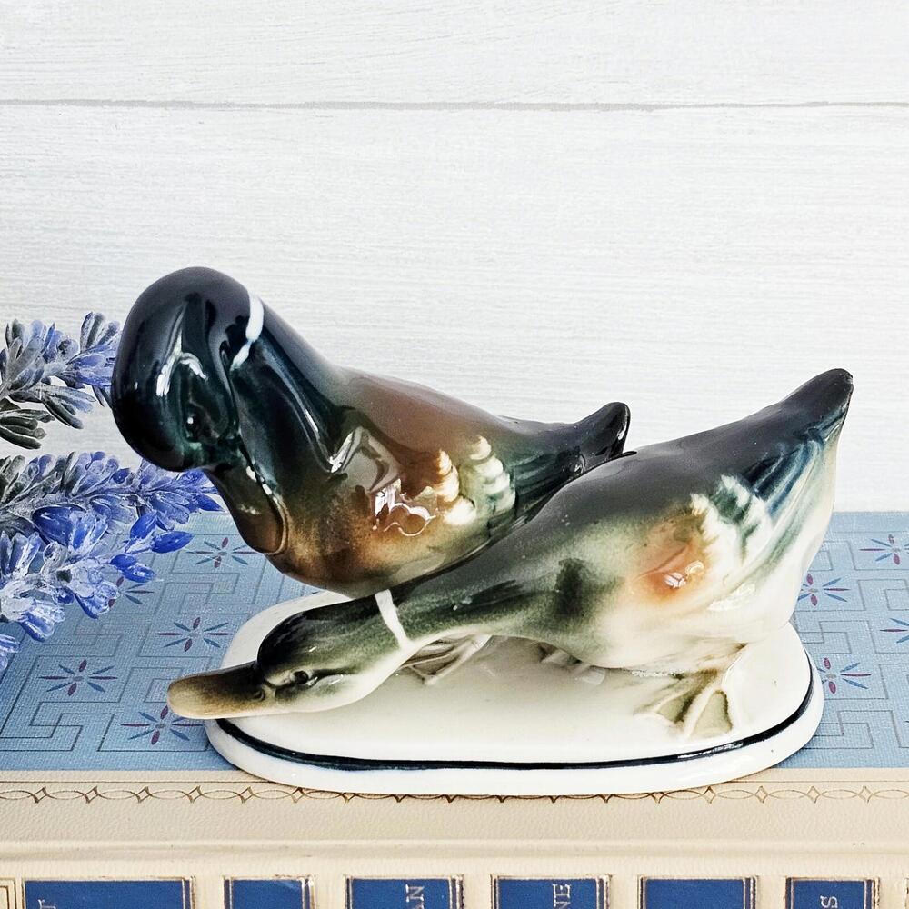Vintage Two Mallard Ducks Ceramic Figurine Green Brown and Cream